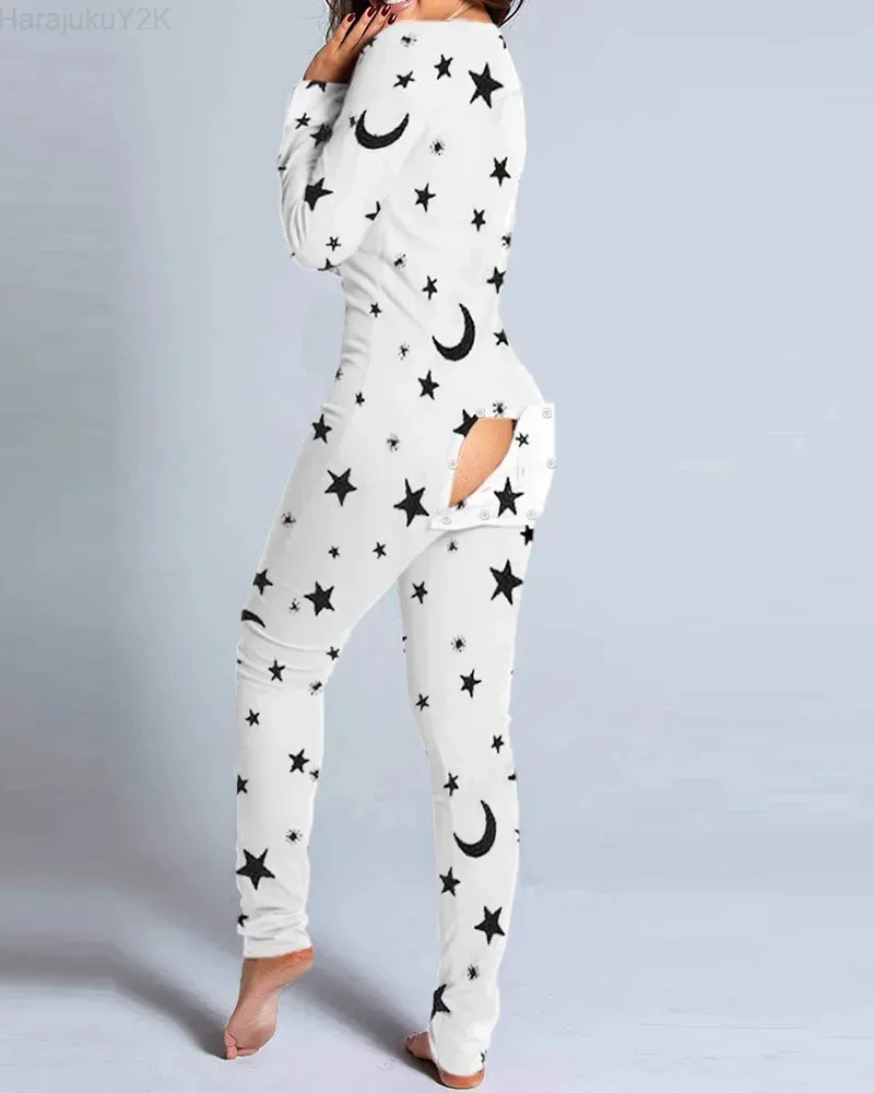 Pyjama imprimé de Noël pour femmes, combinaison sexy, mode décontractée, bouton avant, astronomique, ouverture arrière de la hanche, combinaisons à rabat, 2024