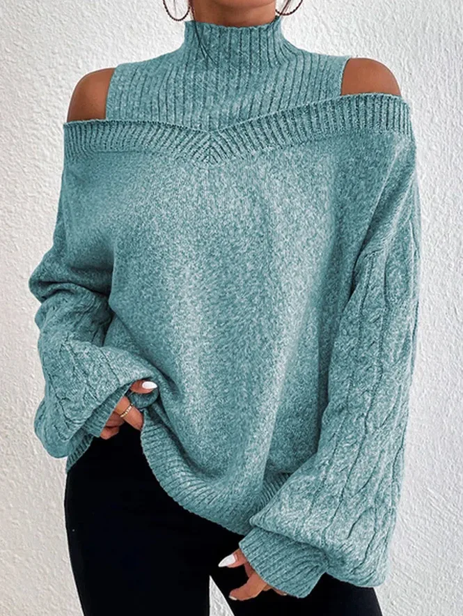 Turtleneck Knitted Sweater Women Off Shoulder Pullovers Autumn Winter Warm Thick Warm Jumpers Gray Hollow Out Y2k E-girl Jumper