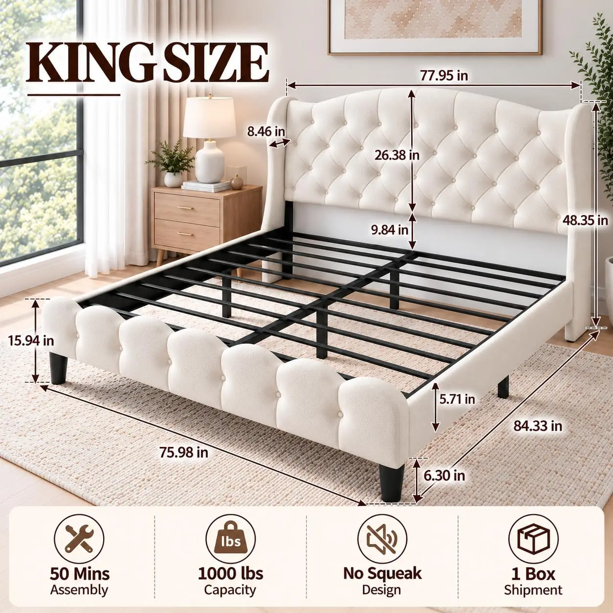King Size Upholstered Platform Bed Frame, Velvet Tufted Headboard, Heavy Duty Metal Slats, No Box Spring Needed,, Customized