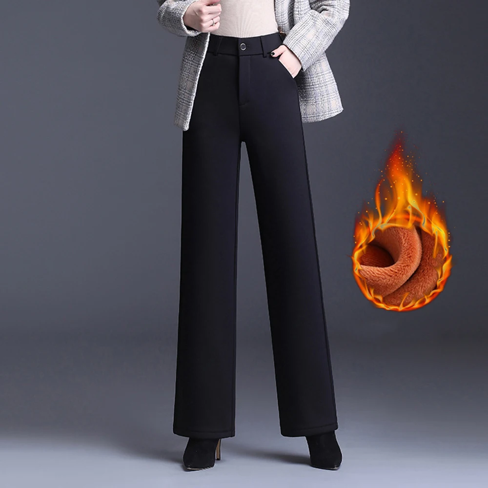 Women Velvet Wide Straight Leg Pants Fleece High Waist Plus Size Office Thicken Warm Hot Lining Winter Trousers Snowwear 6XL 9XL