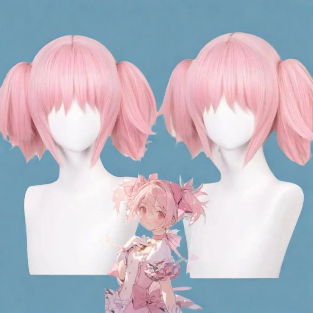 مجموعة شعر مستعار كوسبلاي مادوكا كانام كاملة |   شعر وردي سميك للغاية مع ذيول مزدوجة بمشبك