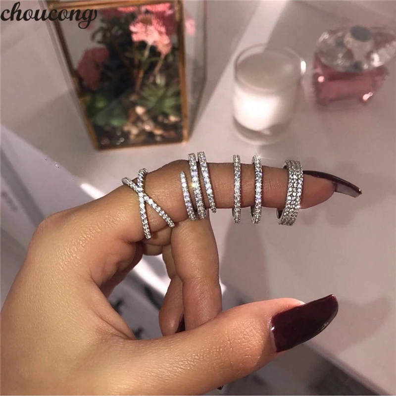 Luxurious 925 Sterling Silver Rings for Women Elegant 3 Rows Pave setting Simulated Diamond Wedding Band Ring set Jewelry