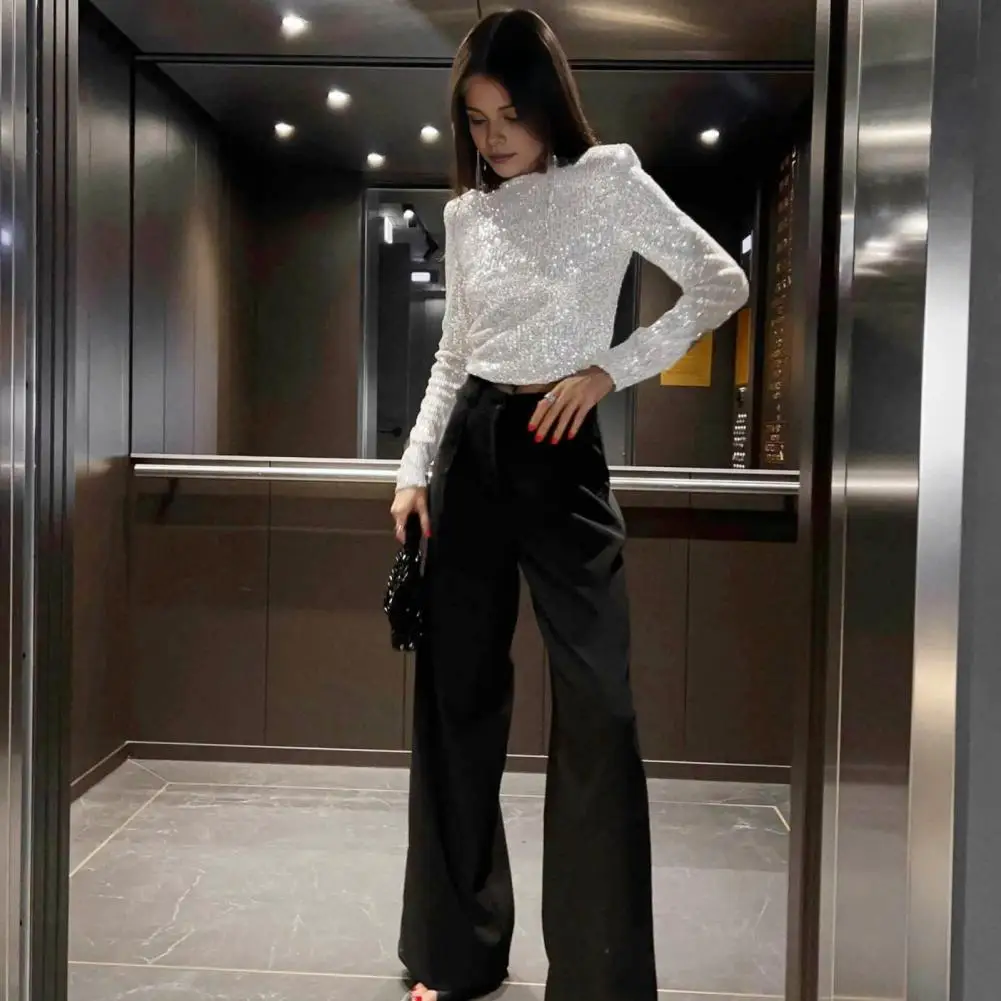 Damski top z cekinami i cekinami z długim rękawem dla kobiet z okrągłym dekoltem i luźnym krojem Tee Shirt o wąskim kroju