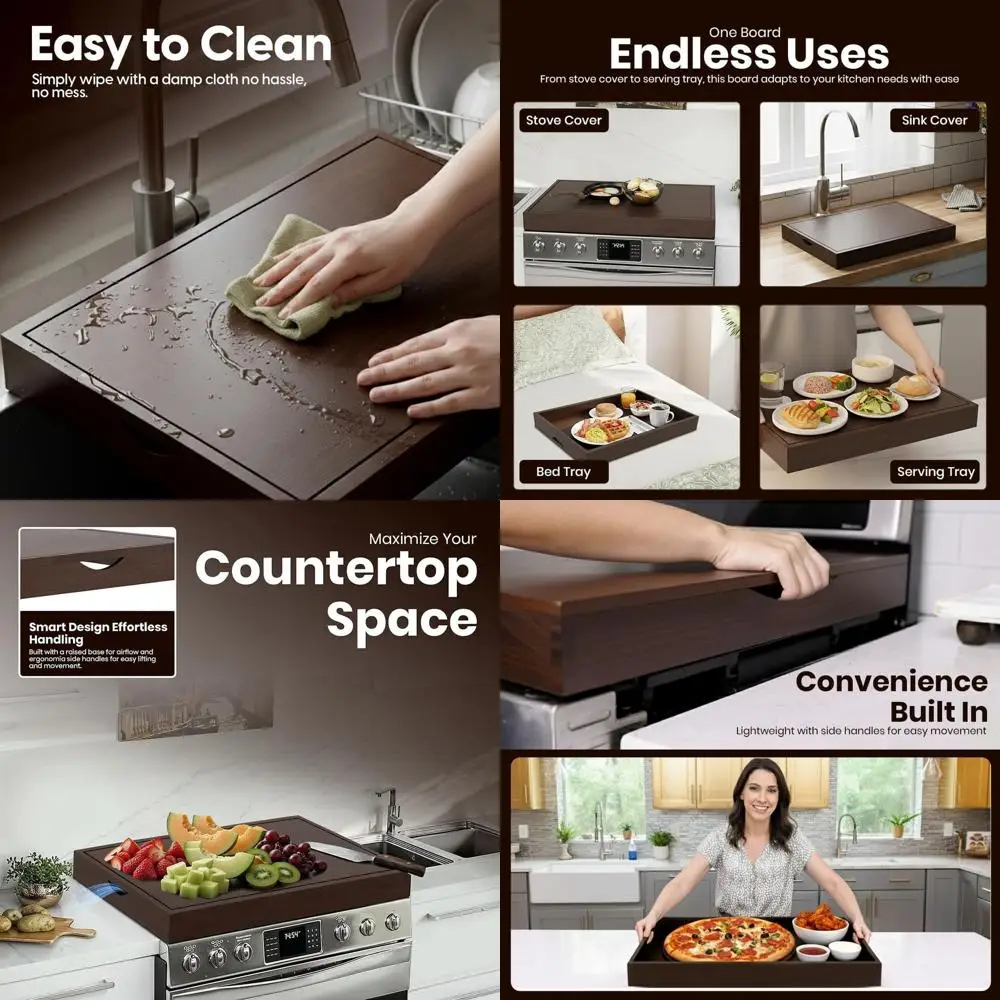 

Large Dark Acacia Wood Stove Cover - Premium Gas & Electric Stove Top Protector, Multi-Use Cutting Board, Serving Tray, Kitchen