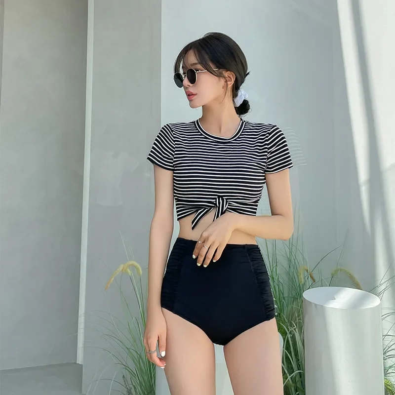 Sexy Short Sleeve Striped Bikini Top 2024 Women Swimsuit Female Swimwear High Waist Bikinis Set Korean Beach Wear Bathing Suit