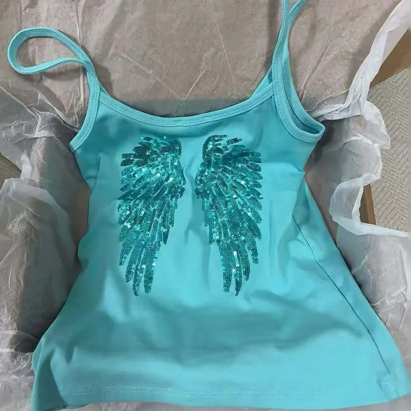 2026 Summer Women Y2K Vintage Sequin Angel Wings Back Print Spaghetti Strap Cami Top Slim Fit Casual Streetwear Party Tank Vest