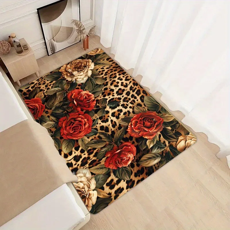 Bohemian Rug, Leopard and Rose Pattern Plush Carpet, Luxe Soft Floor Mat for Bedside, Dining Area, Apartment, Retro Home Decor