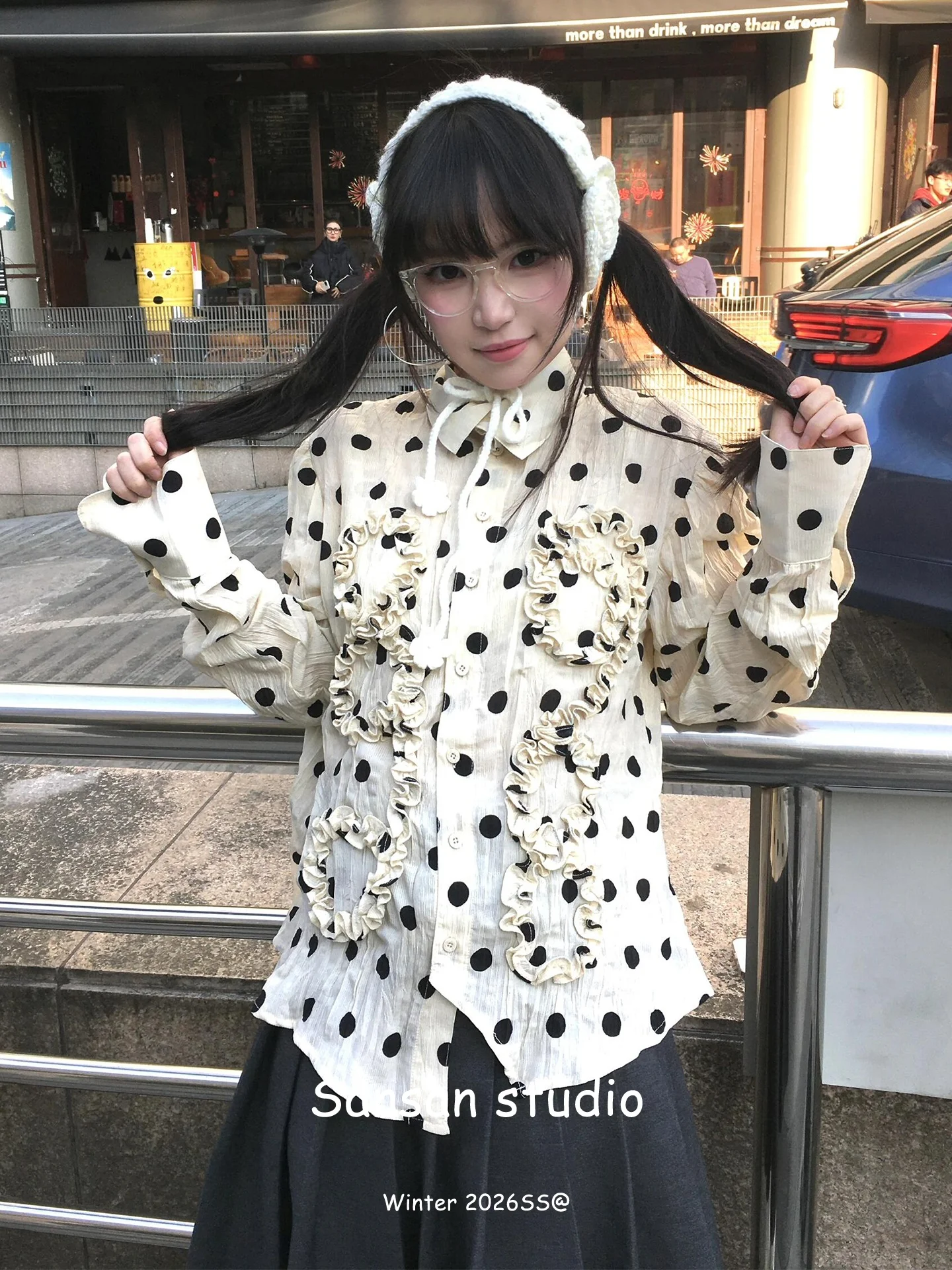 

Retro Polka Dot Shirt Jacket Women's Spring Fashion Collar Stand up Loose Casual School Style Top French Style Long Sleeve