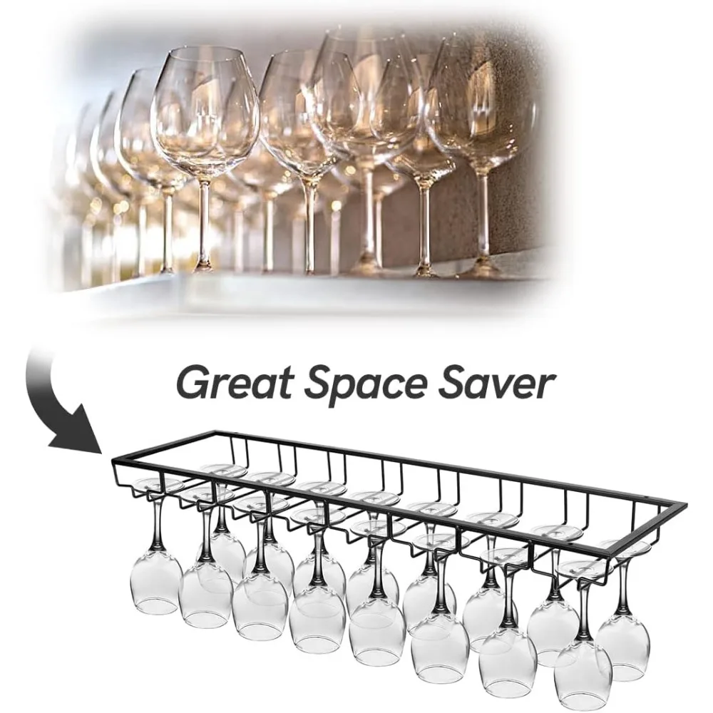 Under Cabinet Wine Glass Rack, 8 Row Metal Stemware Holder for Kitchen Bar Storage with Screws