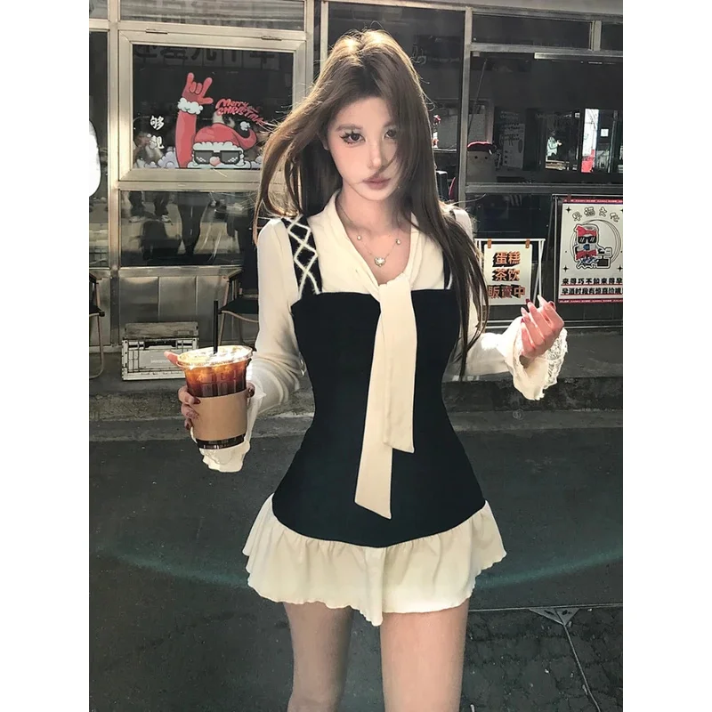 Frühling American Vintage Hemd Plissee Kleider Frauen Kleidung Slim Fit Polo Neck Langarm Wolle Schwarz Kurze Party Kleid Koreanische