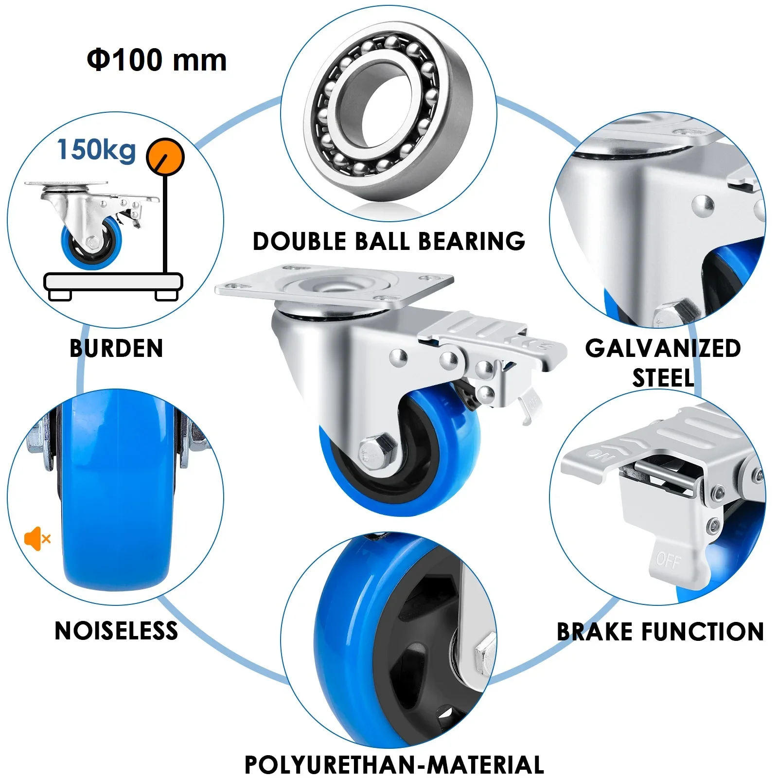 4x 100/125mm Swivel Castors with Brake Transport Castors Heavy Duty Castors 150/170kg Per Castor Polyurethane Furniture Wheel