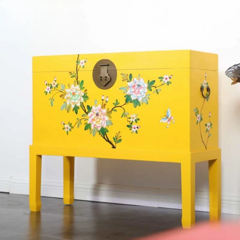 New Chinese antique painted camphor wood box, solid wood storage cabinet, dowry box, locker, calligraphy and painting box