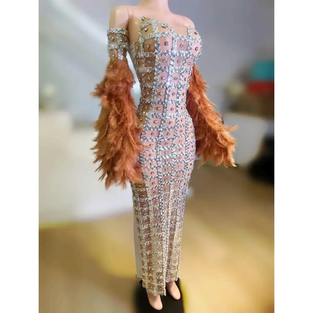 나이트 클럽 DJ 바 여성 가수 댄스 팀 무대 의류 섹시한 전체 다이아몬드 메쉬 깃털 슬리밍 롱 드레스 파티 테마 쇼