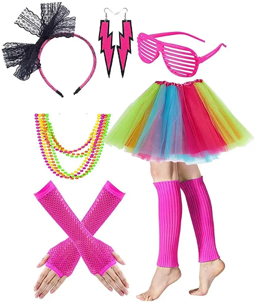 PESENAR Adult Tutu Skirt Leg Warmers Fishnet Gloves Earrings Necklace Shutter Glass Lace Hairband for 80s Accessories