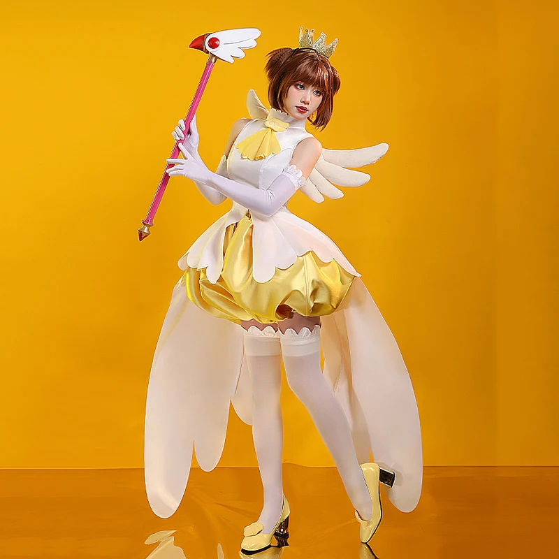 In  stock! Kinomoto Sakura Cosplay yellow and white pumpkin dress fairy women party costume C