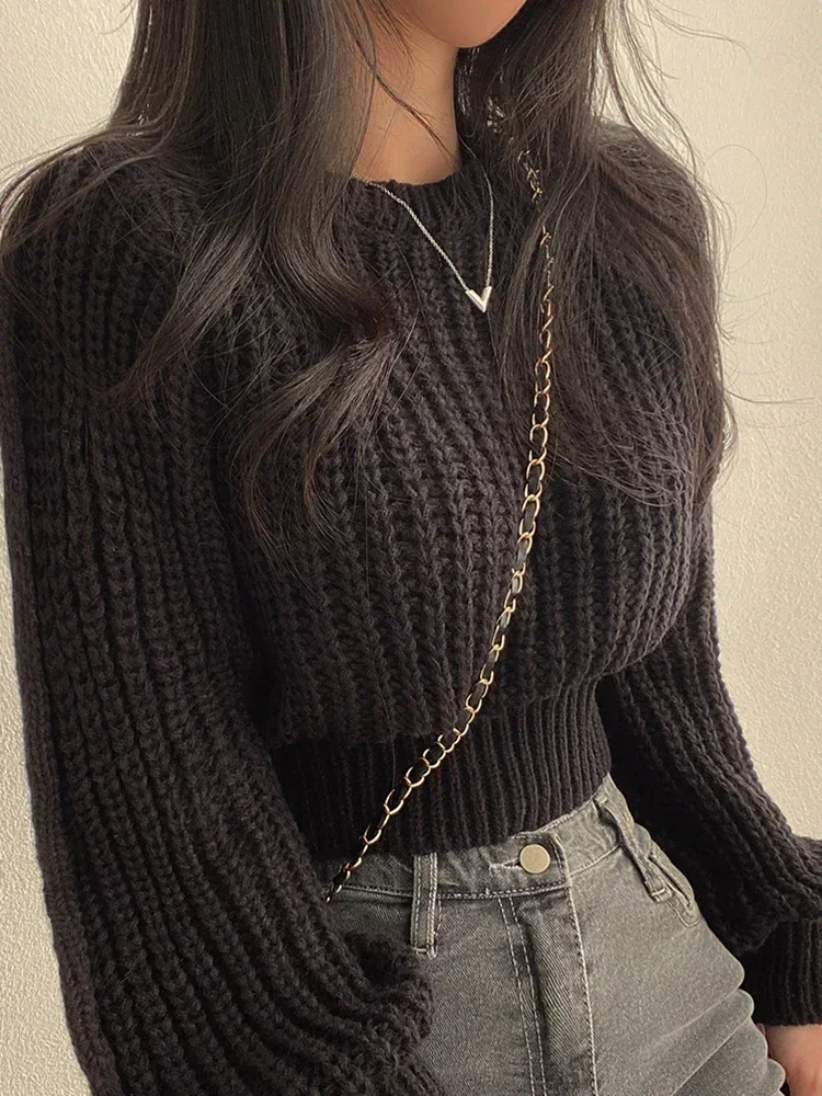 Women Solid O-Neck Loose Casual Sweater Lantern Sleeves Knitted Pullovers High Street Sweater Women 2023 Autumn Winter