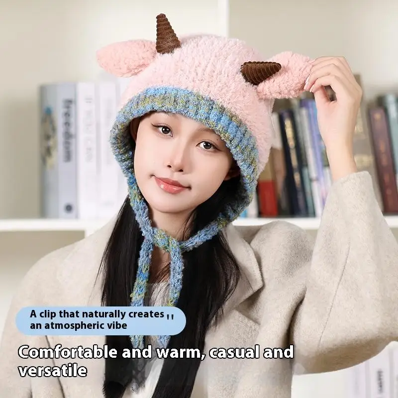 【A-Beautiful 】Topi Rajut Dua Lapis Model Telinga Domba Korea |   Pelindung Telinga Hangat untuk Kepala Besar