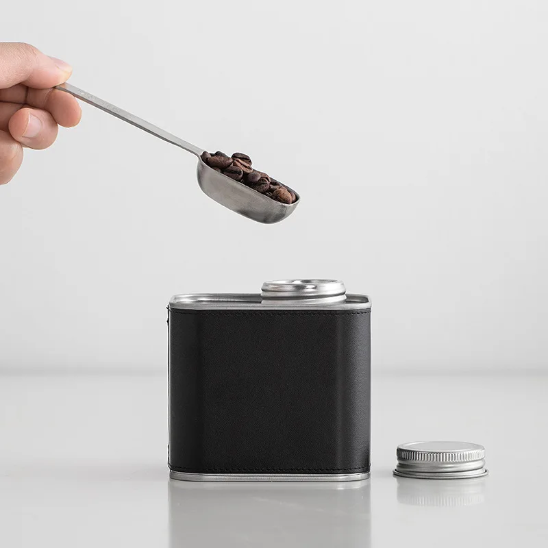 Tinplate Coffee Bean Canister,Portable One Way Valve Vent Seal Canister,Coffee Bean Storage Can,PU Leather,Square Jar
