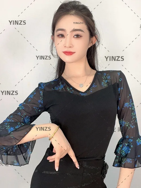 tenue-de-danse-carree-pour-femmes-col-en-v-manches-evasees-a-double-epaisseur-costume-de-danse-leger-anti-rides-respirant-en-polyester