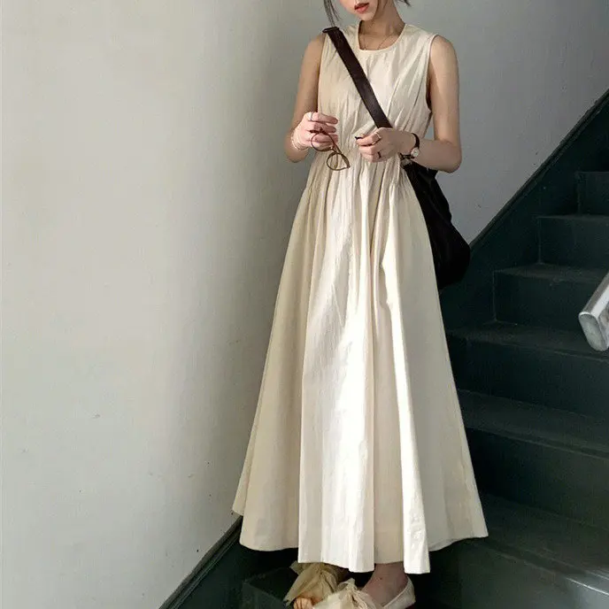 Ärmelloses Westenkleid für Damen, 2025, Sommer, Urlaub am Meer, Taille, kräuselt, Temperament, A-Linie, Strand, langer Rock