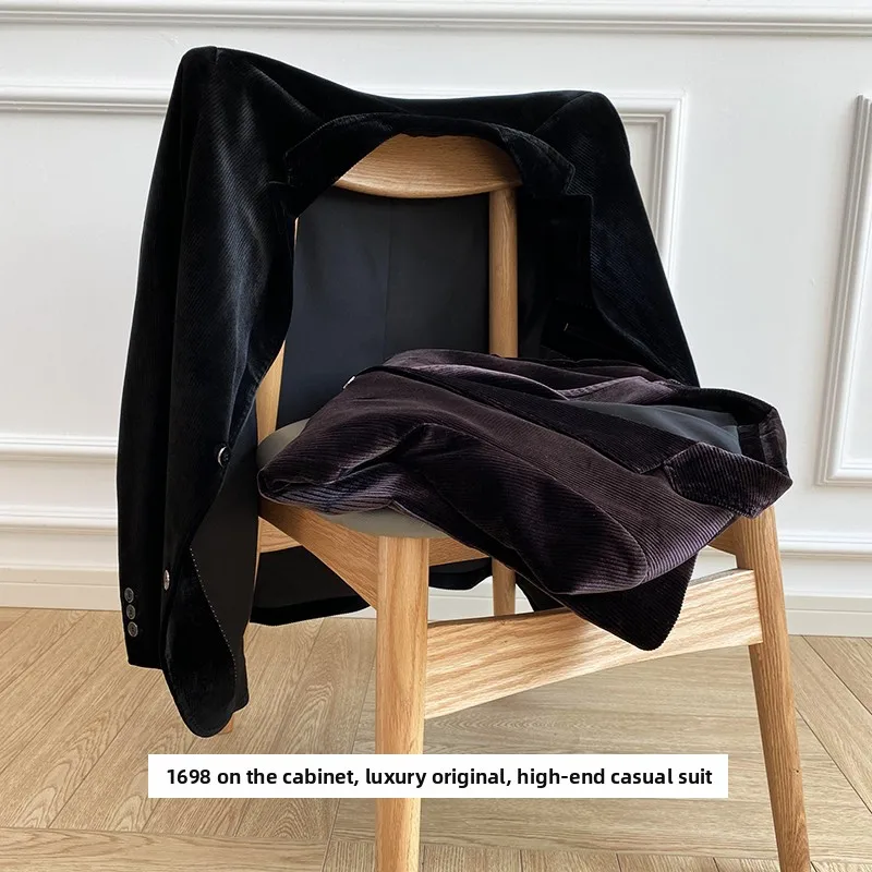 

High-Weight Thi Velvet Men's Faionable Casual Suit Autumn Winter Italian Sle Stand Fit Two Buttons Long Sve Coat