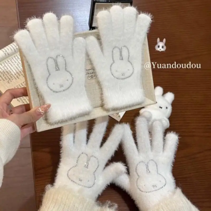 Kawaii Bright Diamond Miffy Gloves New Cartoon Japanese Anime Rabbit Warm and Velvet Riding Finger Gloves Friend's Birthday Gift