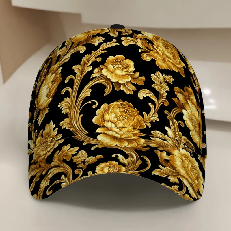 Golden Floral Swirls on Black Print Classic Baseball Cap Adjustable Duckbill Lightweight Ideal for Casual Wear and Running
