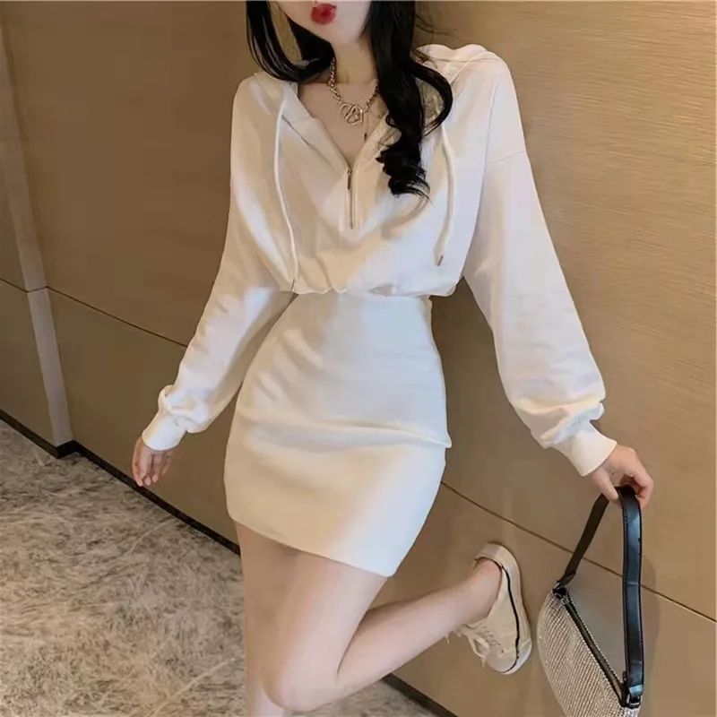 Sexy Slim Female Dress 2022 Summer New Solid Puff Long Sleeve Short Hooded Sweater Skirt High Waist Bag Hip Women Dresses