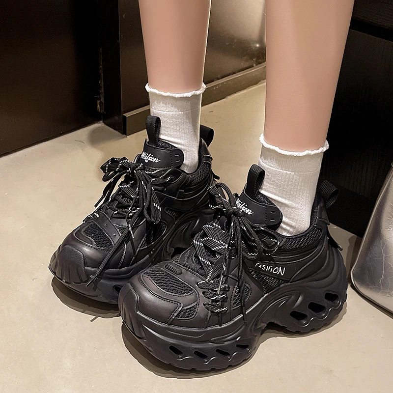 

New 2026 Spring Chunky Sneakers High Platform Casual Vulcanized Shoes Woman Soft Breathable Mesh Sneakers 7CM Sports Dad Shoes