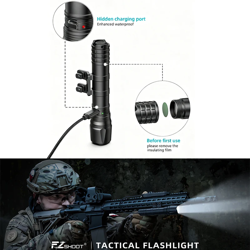 

EZshoot 1800 Lumens Tactical Flashlight Rifle Light with Remote Pressure Switch Compatible with M-Rail Rechargeable for Hunting