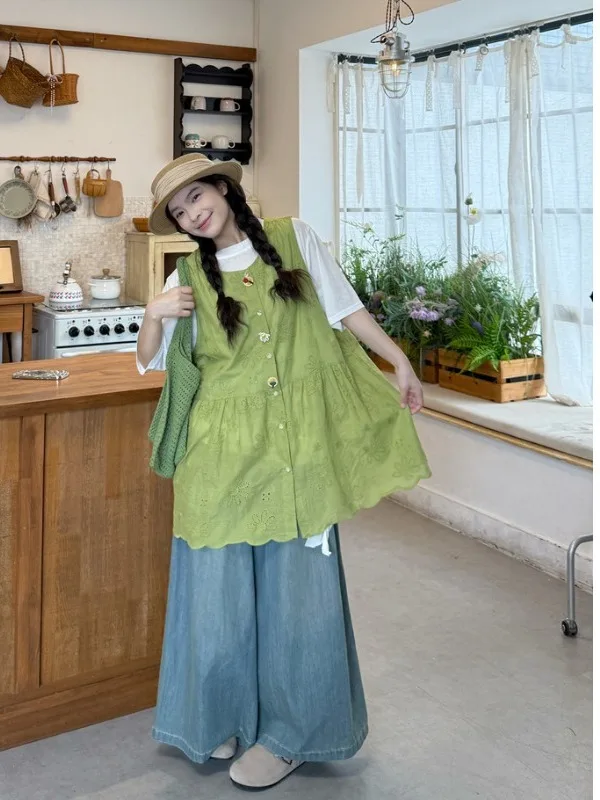 

plus Size Floral Print Crop Top Skirt Denim Wide Leg Trousers Women's Summer New Style High Waist Vintage Japanese Style