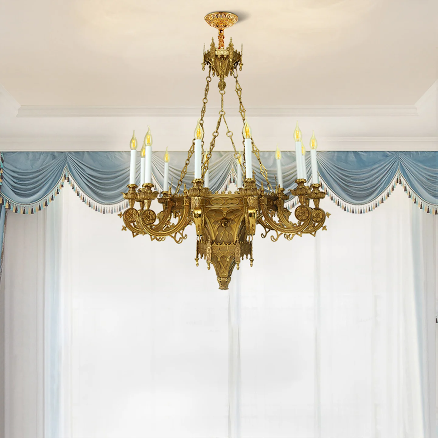 French Royal Retro Villa Duplex Living Room Dewaxed Copper Chandelier Dining Room Hotel Decor Big Pendant Lamp