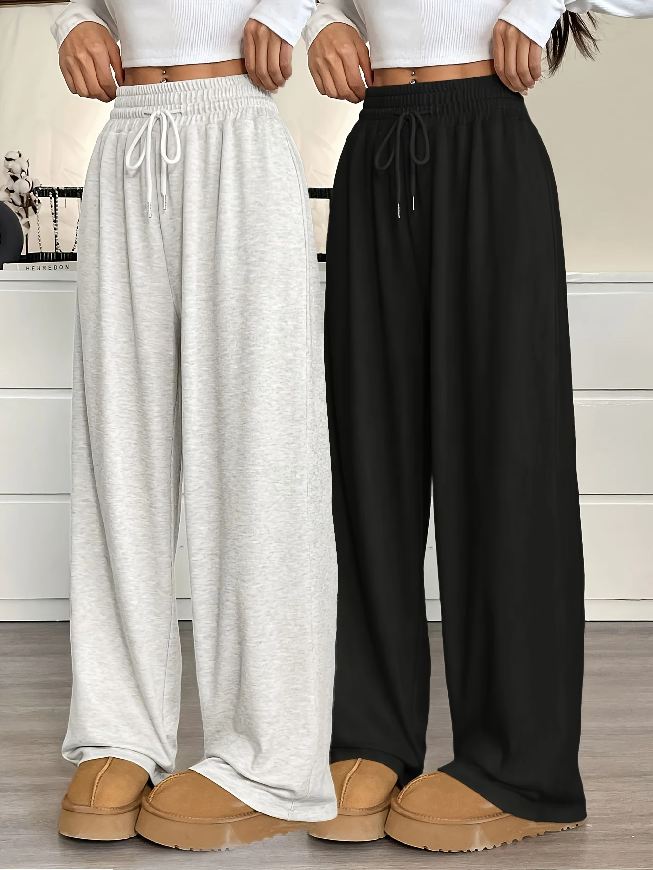 Casual damesbroek met wijde pijpen en elastische taille, verstelbaar trekkoord, losvallende broek voor het hele seizoen