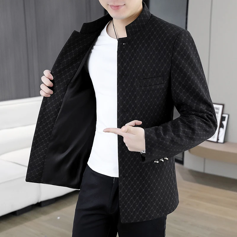 

Весенняя новинка: мужская куртка с воротником-стойкой для торжественных мероприятий, корейский стиль, модный приталенный крой, мужской пиджак.
