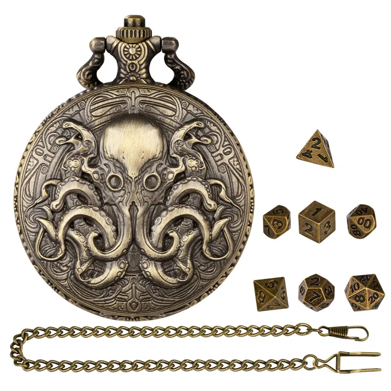 

Antique Carved Octopus Pattern Pocket Watch Case Pendant Chain 7Pcs/set Mini Metal Polyhedral Dices Table Gaming Accessory Dice