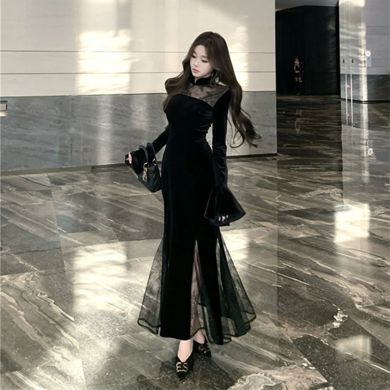 

Mermaid Wrapped Long Dress Women 2025 New Improved Cheongsam Buckle Long Sleeved Black Dress Chinese Style Slim Fit Velvet Dress