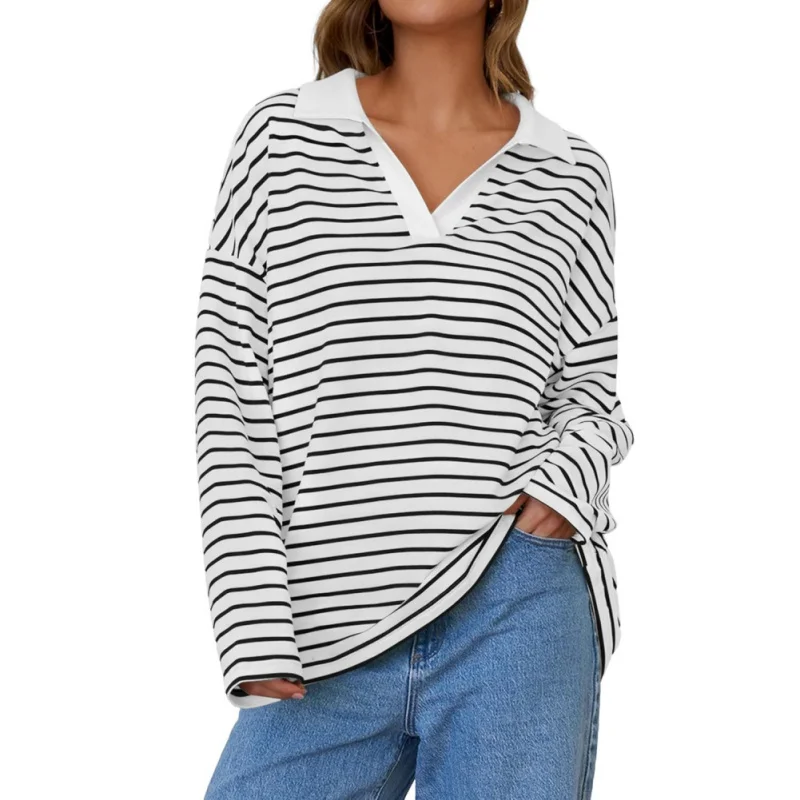 Womens Striped Long Sleeve Shirts Casual V Neck Oversized Sweatshirt Loose Fit Tunic Tops Fall Blouses