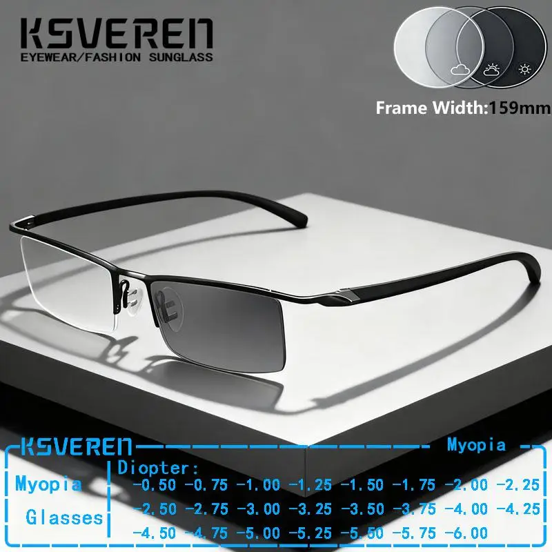 

Half Frame Business Photochromic Myopia Glasses Men Alloy Big Size Nearsightd Eyeglasses Designer Outdoor Color Changing Eyewear
