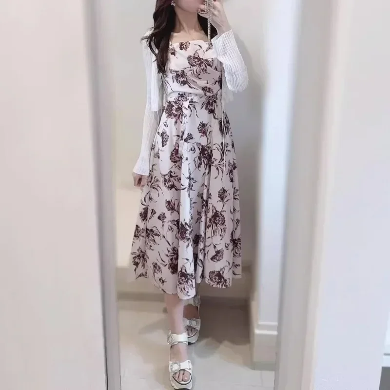 Japanese Flower Print Vestidos Mujer High Waist A-line Women Dresses Tank Dress Square Collar Vestido 2024 Lace-up Robes