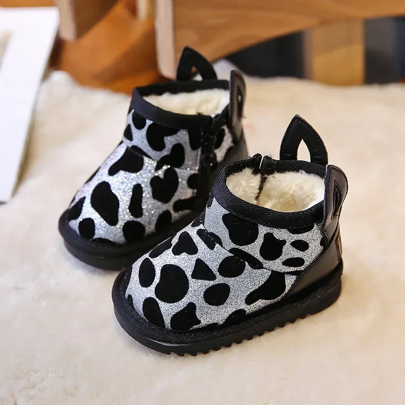 Bota de neve leopardo de meninas e meninos com orelhas bonitas, sapato infantil, bota de tornozelo quente para meninos, luxuoso, inverno