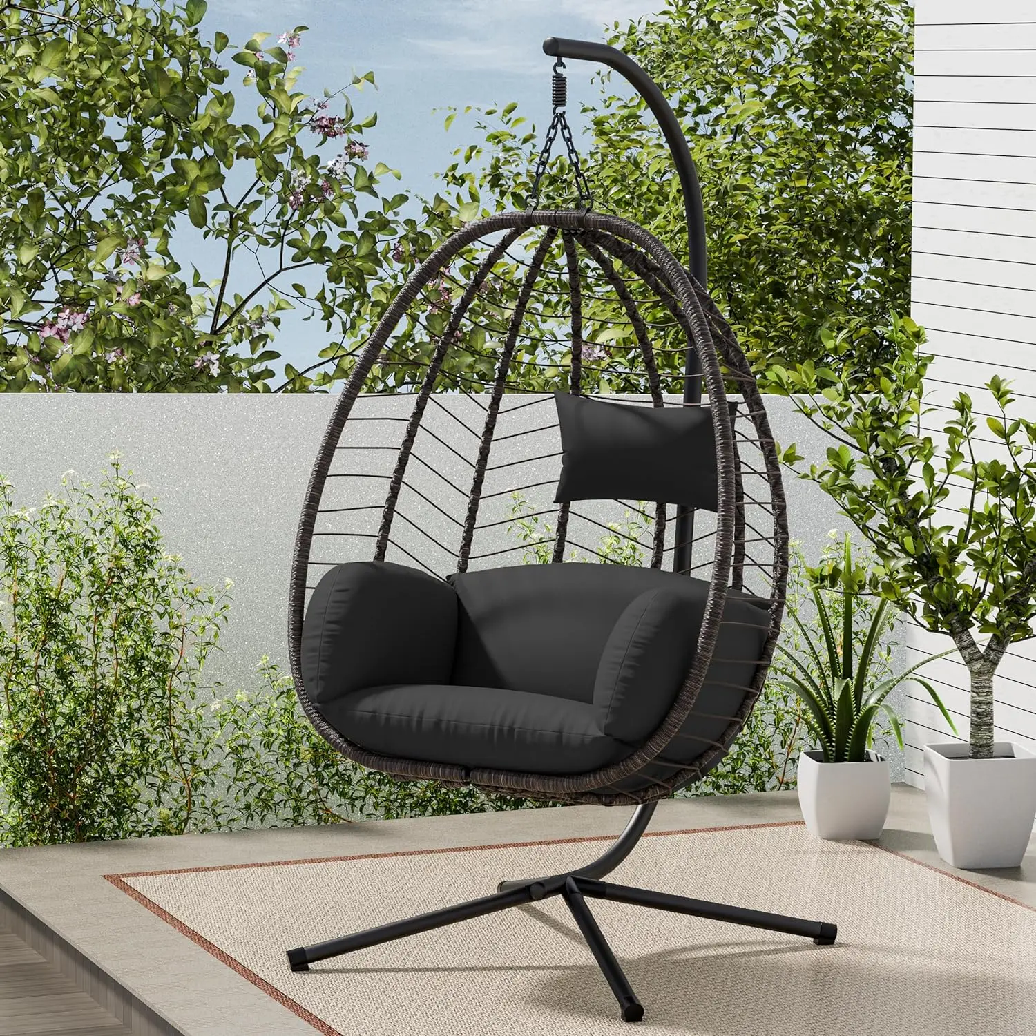 

Egg Swing Chair Outdoor Indoor Wicker Rattan Hanging Chair with Stand 350lbs Capacity w/Strong Frame & Grey Cushions for Patio