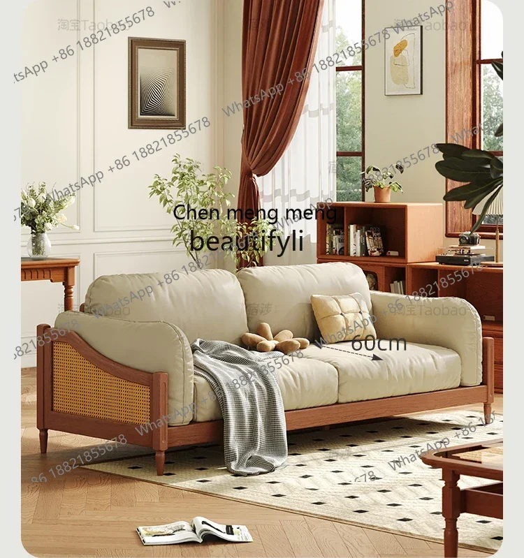 Solid wood sofa living room rattan cream style three-person small apartment all solid wood straight row sofa