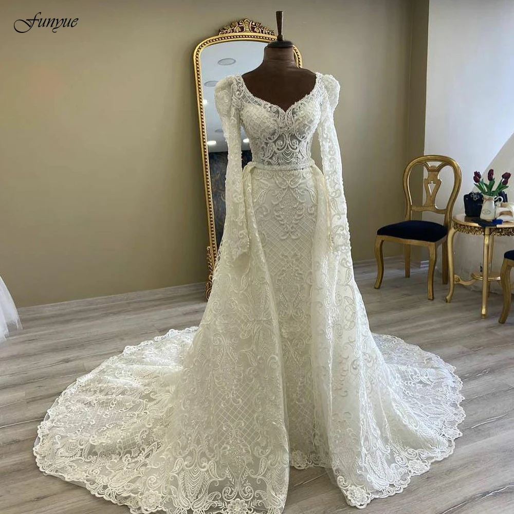 Funyue Long Sleeves Muslim Wedding Dresses for Women 2024 Bride Gown Luxury Beading Lace Bridal Dress A-Line Robe De Mariée