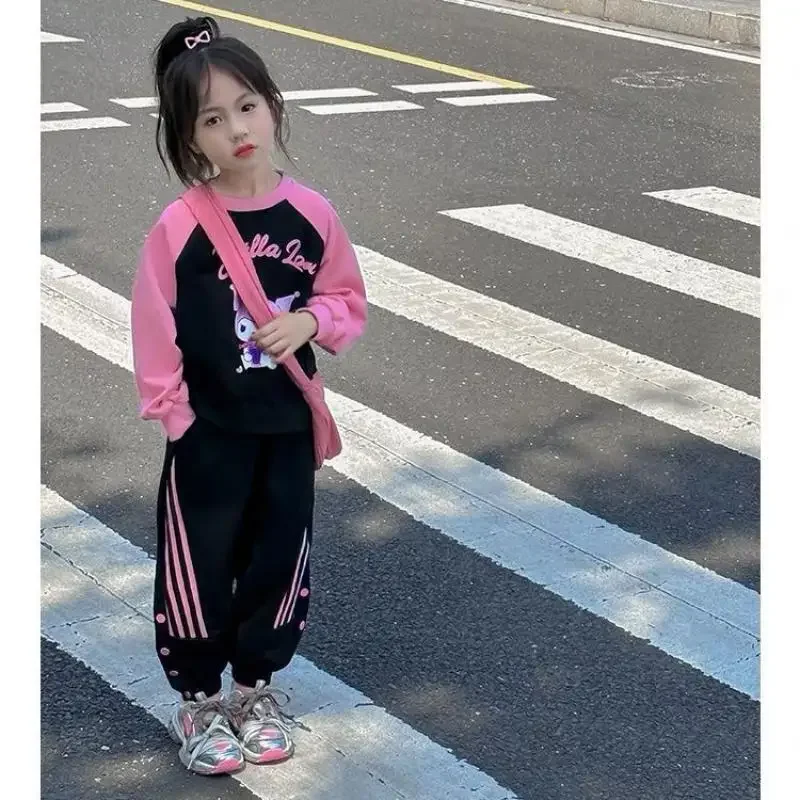 Kawaii Anime Sanrioed Kuromi Kids Clothes Girls Casual Sweatshirt Pants Suit Fashion Tops Pleated Skirt Two Piece High Quality