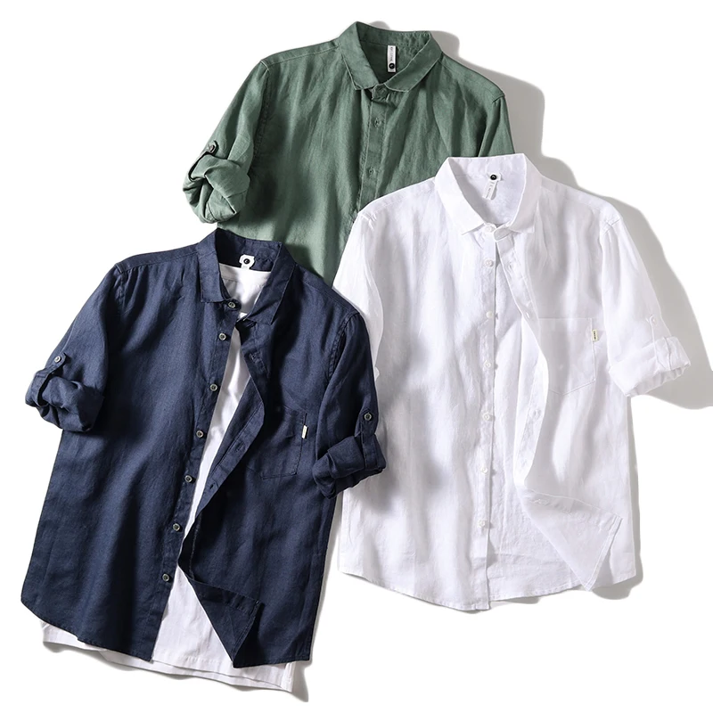 

l 00% Linen Lightweight Breathable Comfortable Casual Men's irt Summer Seven-Sve irt Can Be Cuffed