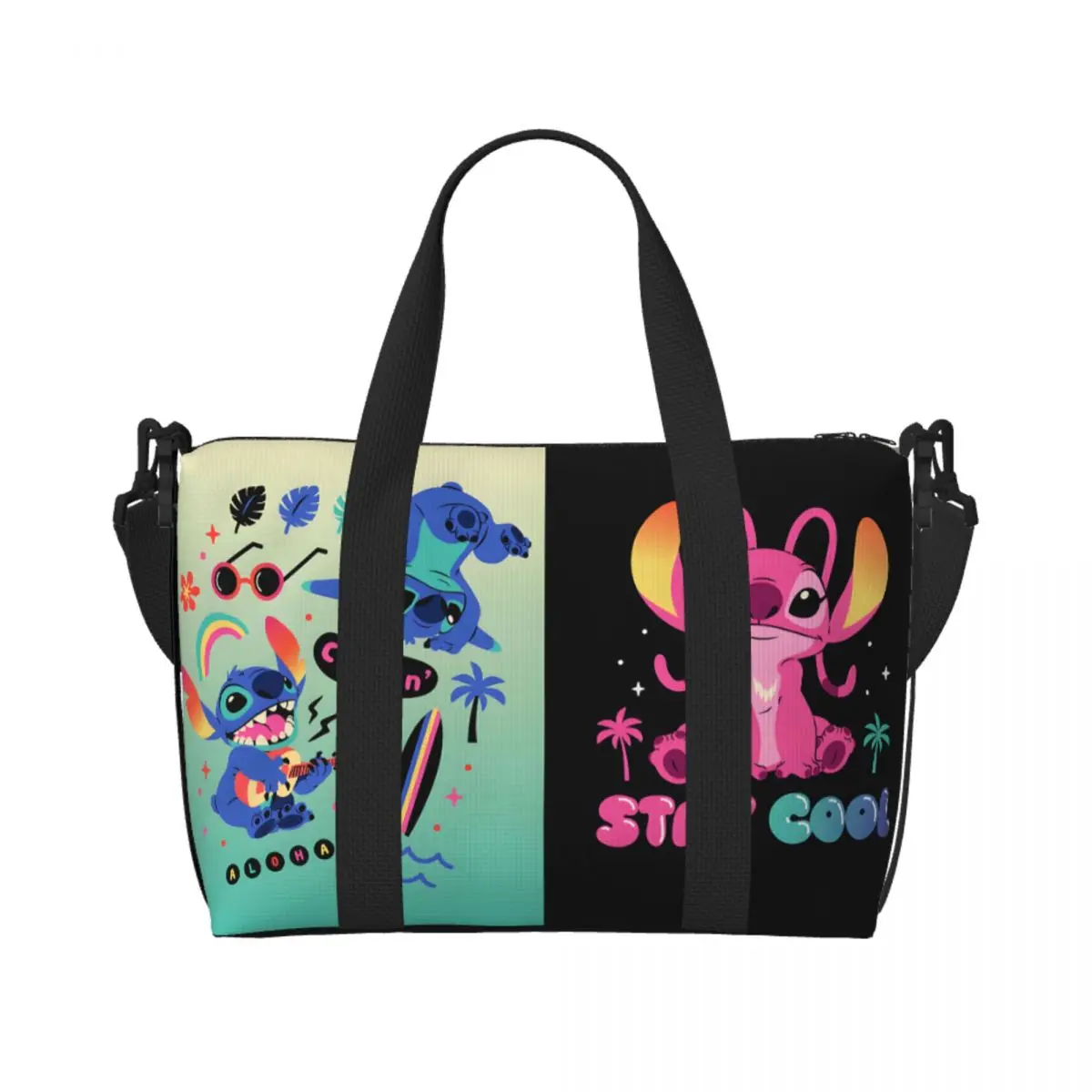

Custom Cute Stitchs And Angel In Love Anime Tote Bag Women Large Capacity Gym Beach Shoulder Travel Bag