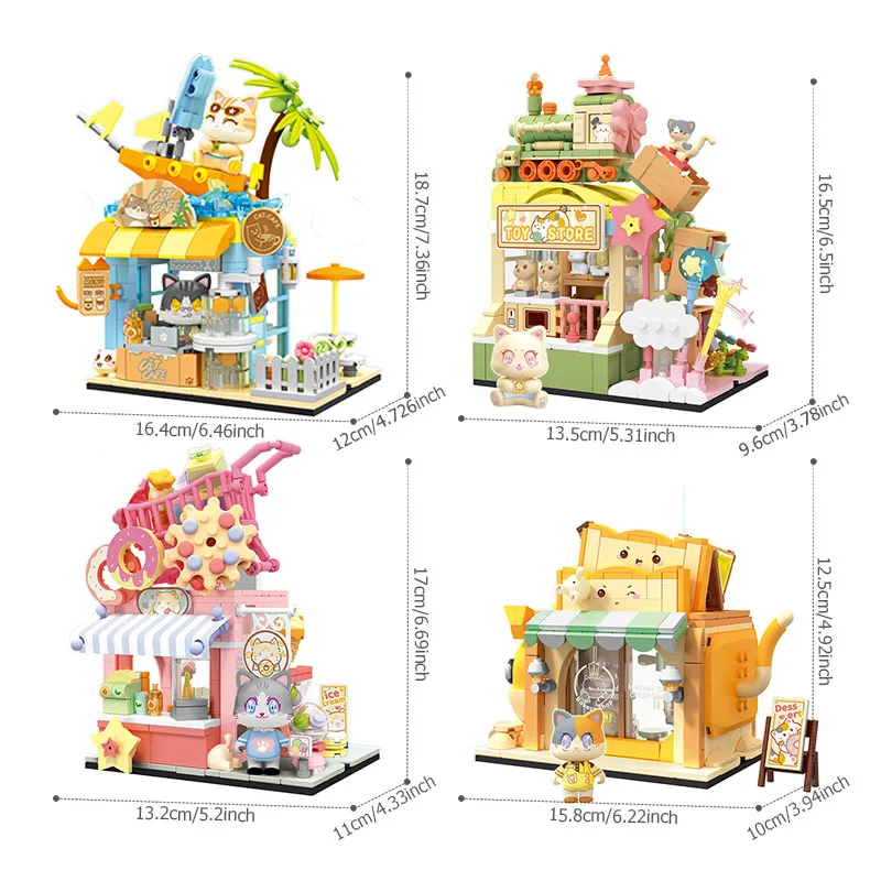 SEMBO Cat Coffee Shop Architecture Model Assemblage Building Blocks Kits MOC Creative City Streetscape Bricks Girls Gifts Toys