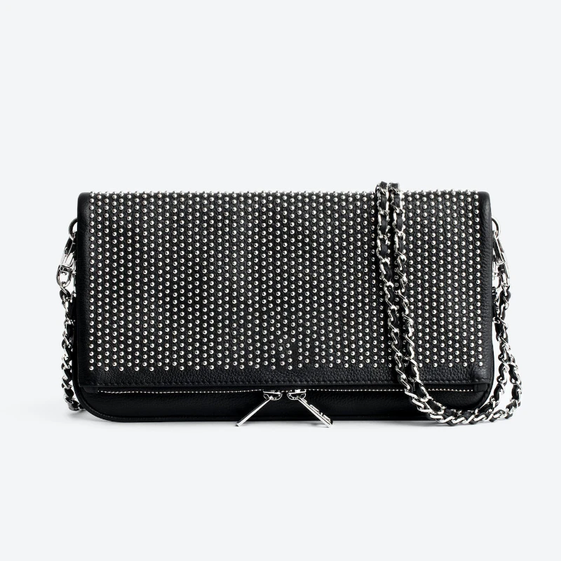 2025 New Women Fashion Crossbody Bag Large Black PU Shoulder Bag with Nails Retro Lightweight Simple Chain Bag