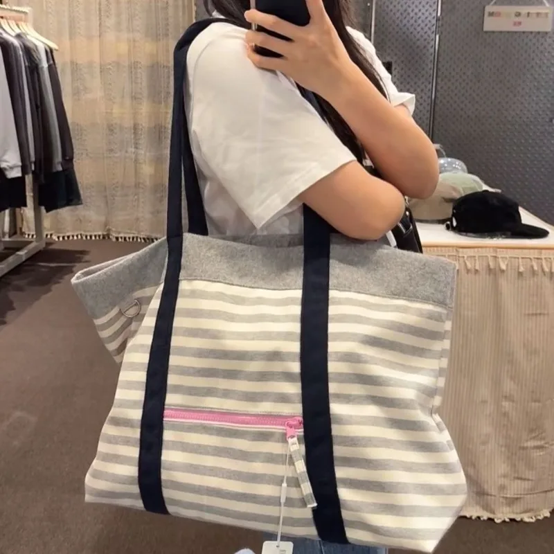 Casual Striped Canvas Tote Bag Large Capacity Commuter Shoulder Bag Women's Style Simple Leisure Fashion Single Shoulder Bag