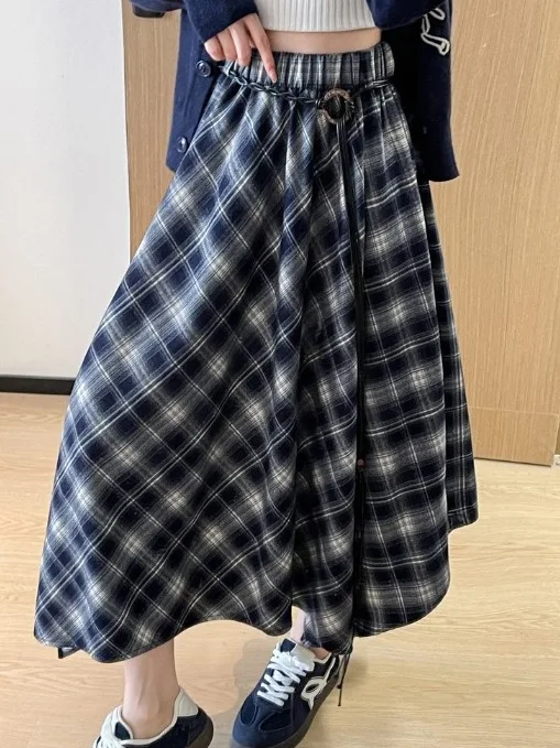 Retro Brued Plaid A-linie Rock frauen Herbst Winter Neue Hohe Taille Lose Lange Rock Mädchen Ci Spaziergang Polyester Faser